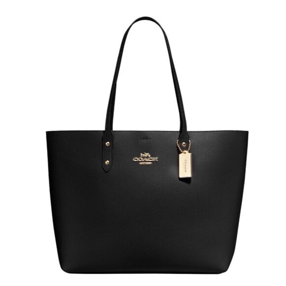 Coach Town Tote Polished Pebbled Leather Black, New - Picture 1 of 14